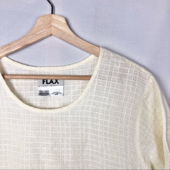 Flax Pale Yellow Square Plaid Short Sleeve Linen Blouse M - Picture 3 of 5